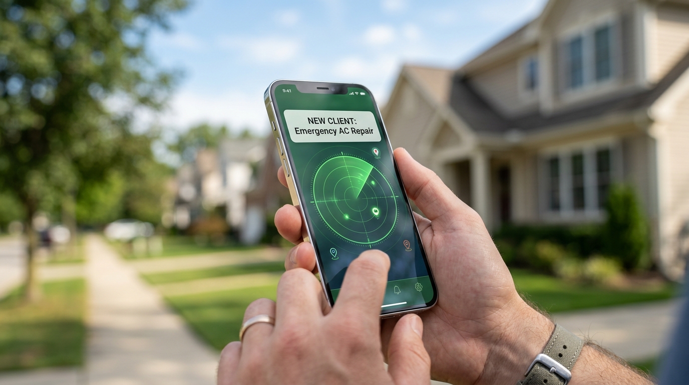 Hands holding smartphone with Hexa Business App live radar sweep and emergency AC repair notification